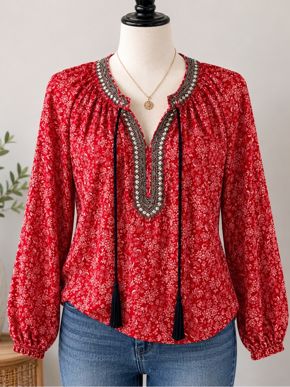 The Kooples Sunrise Silk Red Floral Embroidered Tassel Boho Blouse Size 1 Small